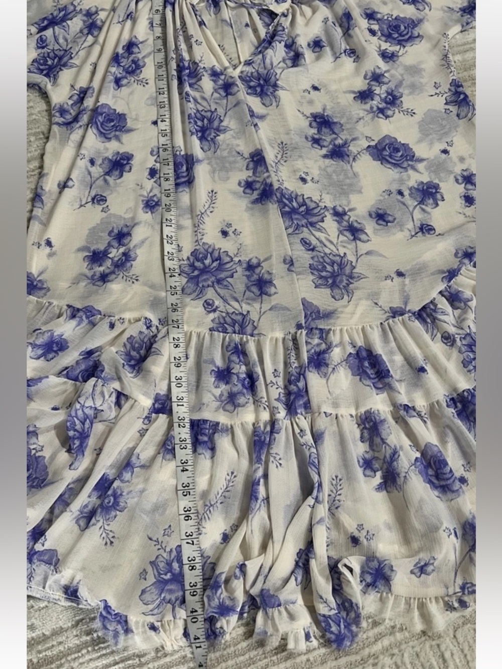 Free People M Ivory Purple Floral Puff Sleeves Dress Ruffle Frayed hem - Picture 9 of 11